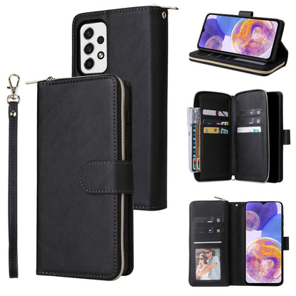Black leather wallet phone case with zipper, wrist strap, and multi-card organizer.