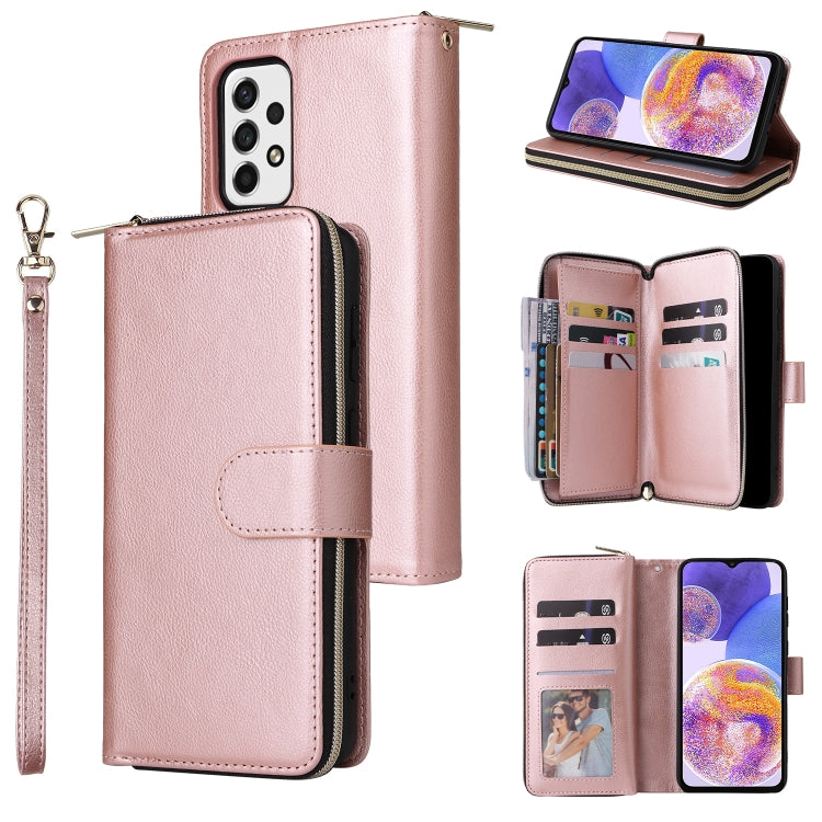 Rose pink leather wallet phone case opened to show card slots and zipper pocket.