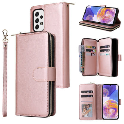 Rose pink leather wallet phone case opened to show card slots and zipper pocket.