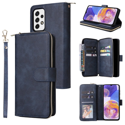 Navy leather zipper phone wallet with wrist strap and card slots, front and open views