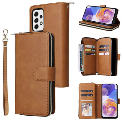 Tan leather zipper phone wallet with wrist strap and card slots, open compartments view