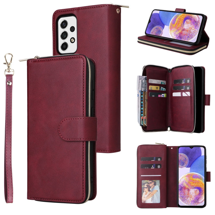 Burgundy leather zipper phone wallet with wrist strap and 9 card slots, front and open views