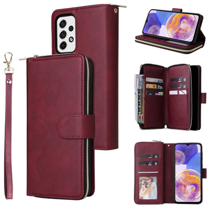 Burgundy leather zipper phone wallet with wrist strap and 9 card slots, front and open views
