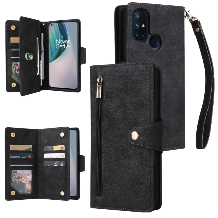Black three-fold leather phone case with card slots, zip pocket, and wrist strap