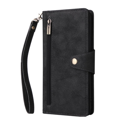 Black leather folio phone case with long side zipper pocket and wrist strap