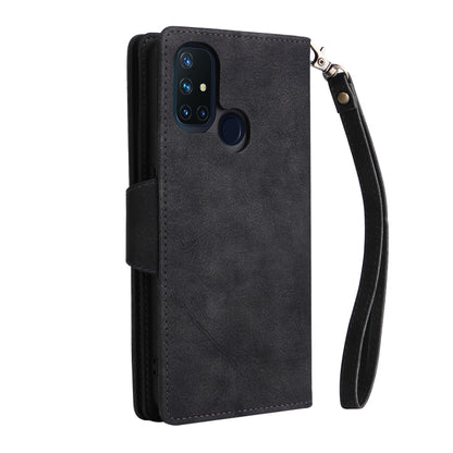 Black leather phone case folio with card holder window, wrist strap, and cutouts