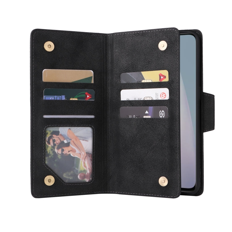 Black leather tri-fold phone case with four card slots and snap closure