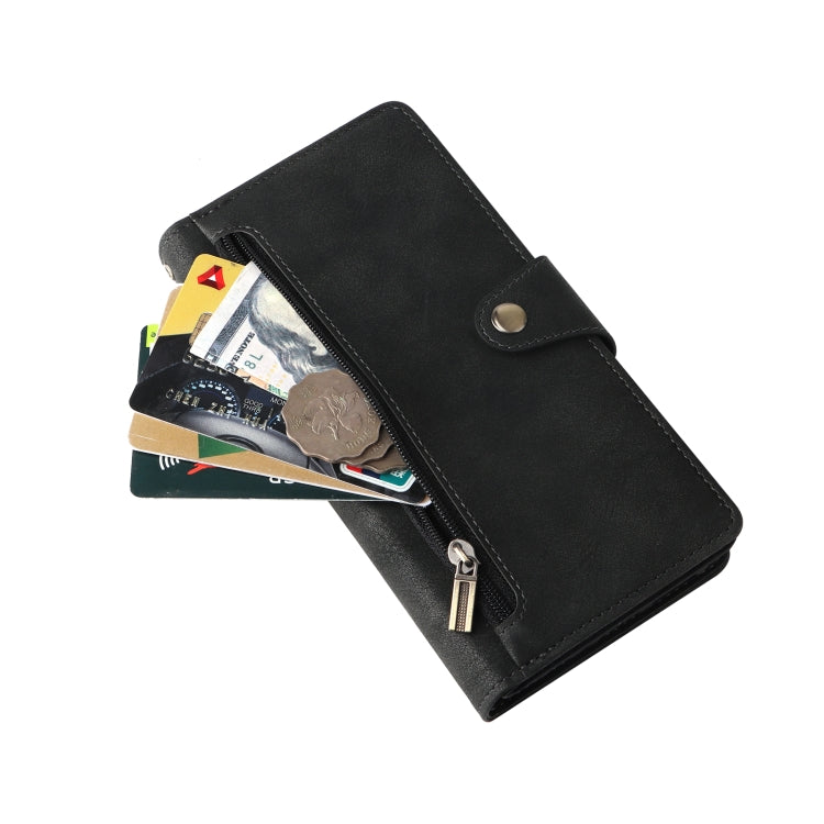 Black leather wallet phone case with card slots and zipper compartment for storage