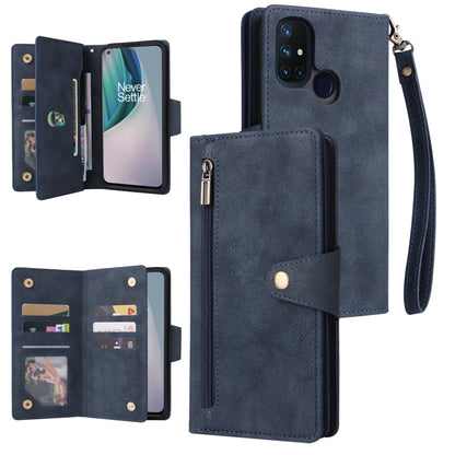 Blue three-fold leather phone case with card slots, wrist strap, and buckle