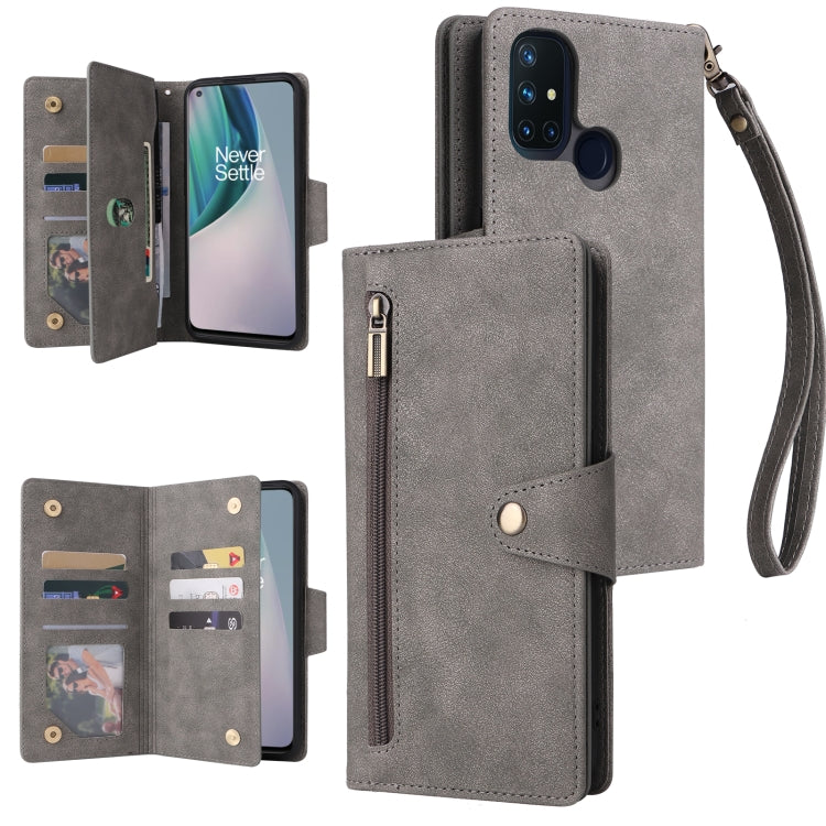 Grey three-fold leather phone case with card slots and wrist strap