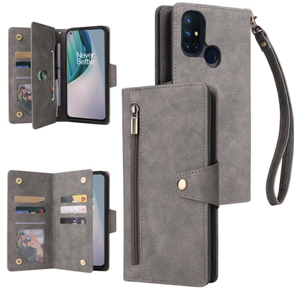 Grey three-fold leather phone case with card slots and wrist strap