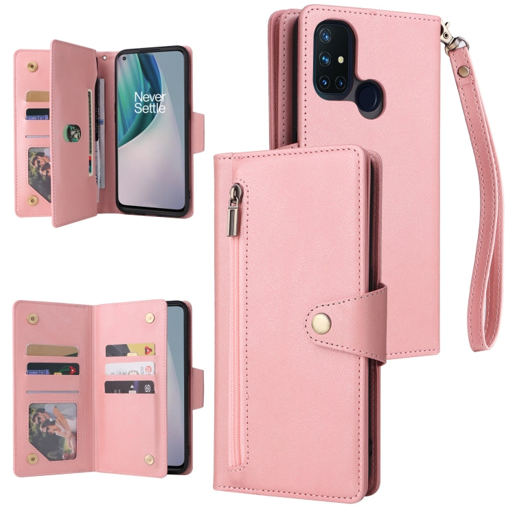 Rose pink three-fold leather phone case with three card slots and wrist strap