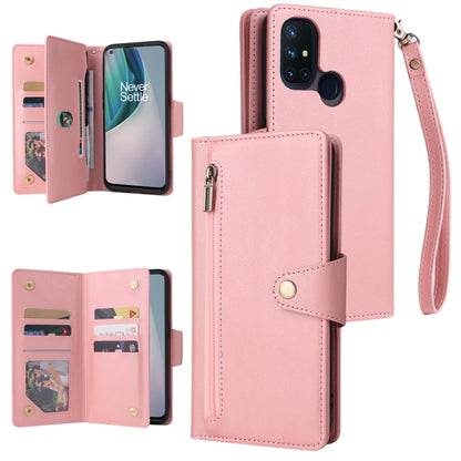Rose pink three-fold leather phone case with three card slots and wrist strap