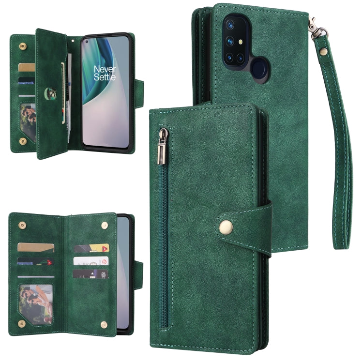 Green three-fold leather phone case with three card slots and wrist strap