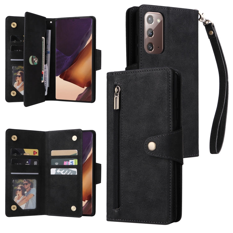 Black leather three-fold phone case with card slots, zip pocket, and wrist strap