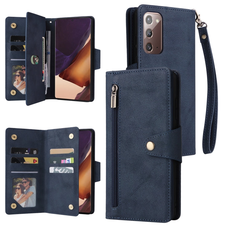 Blue three-fold leather phone case, open card window and wrist strap