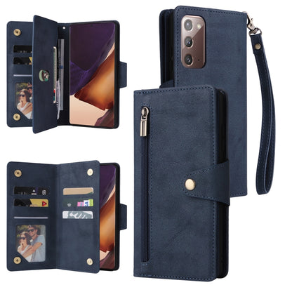 Blue three-fold leather phone case, open card window and wrist strap