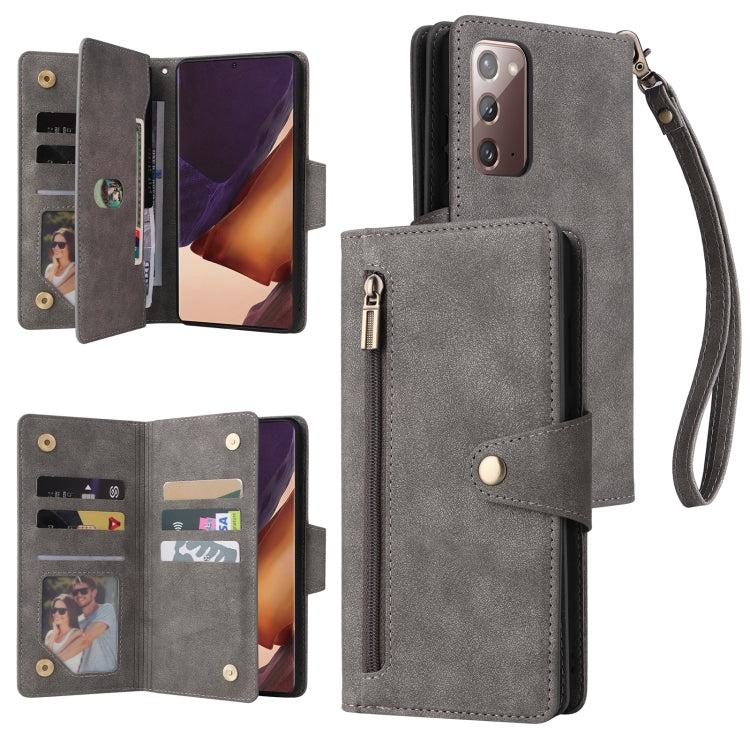 Grey three-fold leather phone case with card slots, open front, and wrist strap