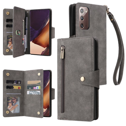 Grey three-fold leather phone case with card slots, open front, and wrist strap