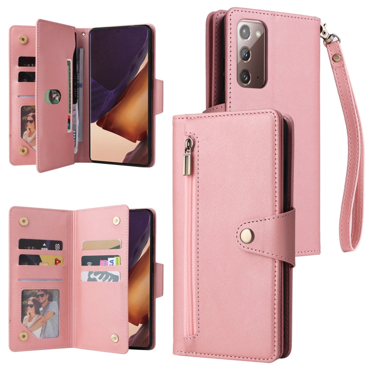 Pink three-fold leather phone case with three card slots and wrist strap