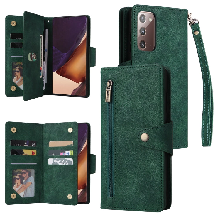 Dark green three-fold leather phone case with three card slots and wrist strap