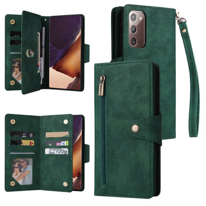 Dark green three-fold leather phone case with three card slots and wrist strap