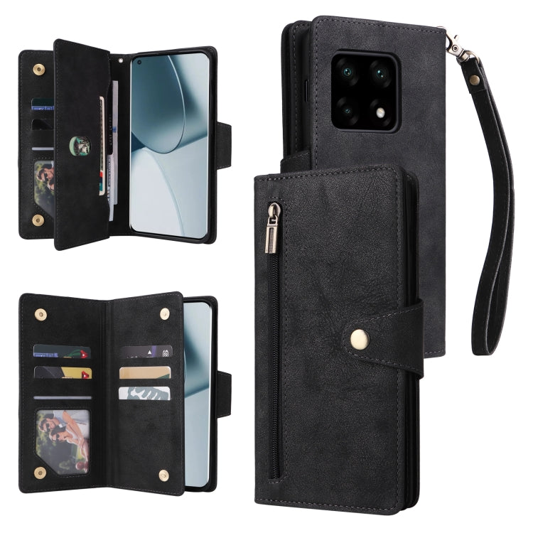 Black leather folio phone case with card slots, side zipper pocket, and wrist strap
