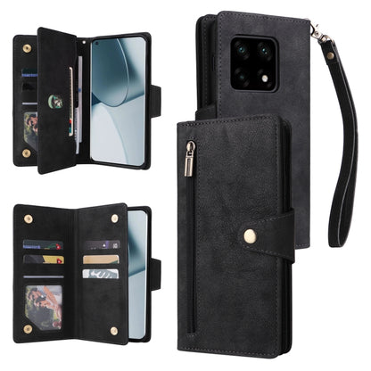 Black leather folio phone case with card slots, side zipper pocket, and wrist strap