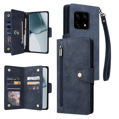 Blue three-fold leather phone case with card holder pocket and wrist strap