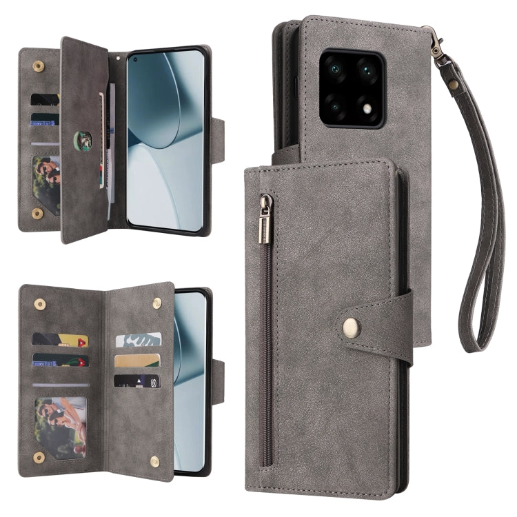 Grey three-fold leather phone case with card holder pocket and wrist strap