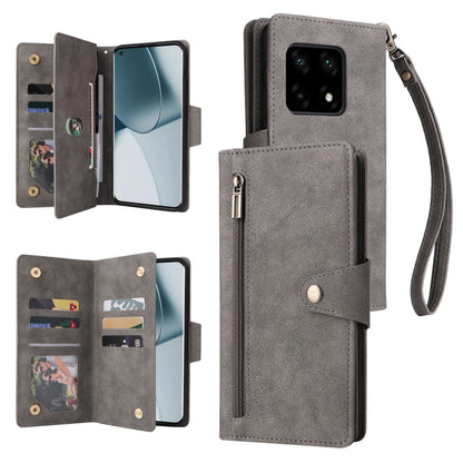 Grey three-fold leather phone case with card holder pocket and wrist strap