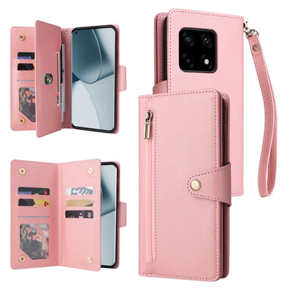 Rose pink three-fold leather phone case with three card slots and wrist strap
