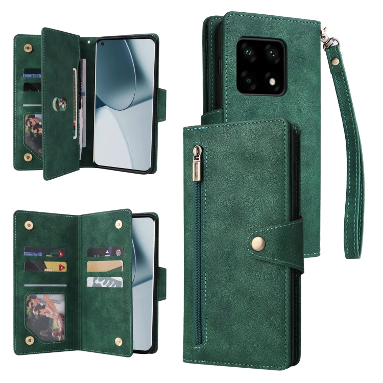 Green three-fold leather phone case with three card slots and wrist strap