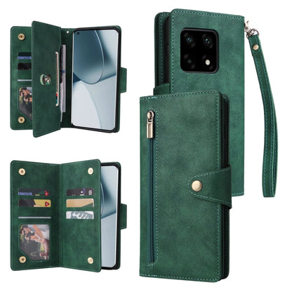 Green three-fold leather phone case with three card slots and wrist strap