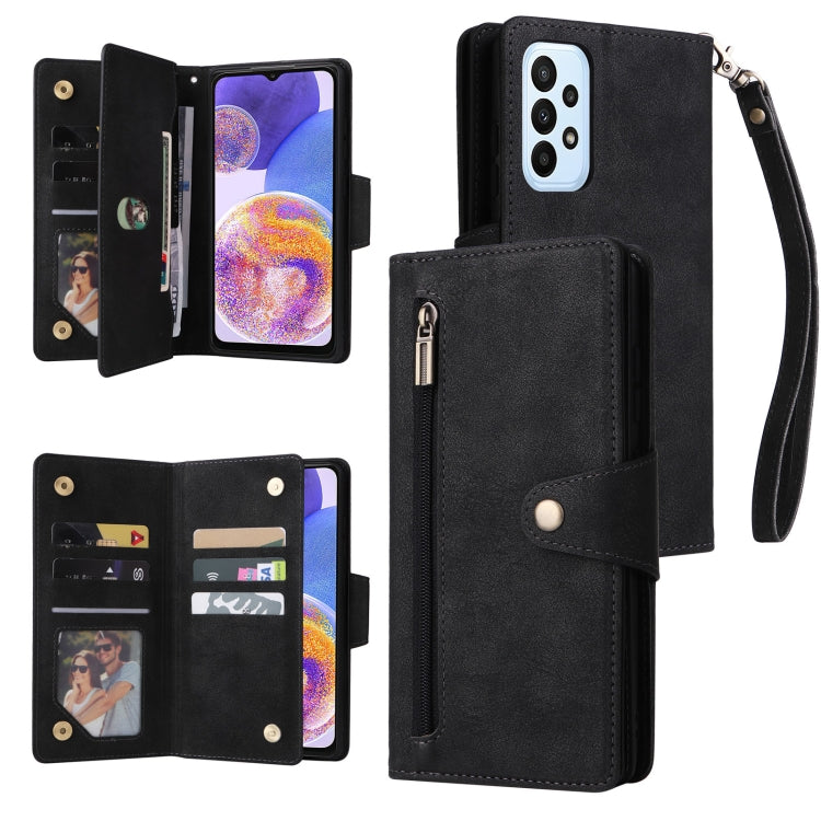 Black leather phone case folio with card slots, zipper pocket, and wrist strap