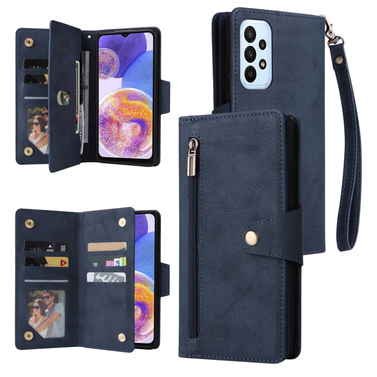 Blue three-fold leather phone case with card slots, zipper pocket, and wrist strap