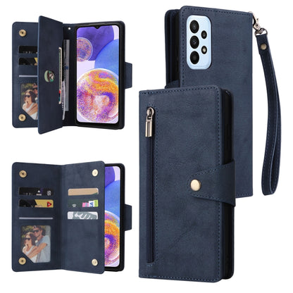 Blue three-fold leather phone case with card slots, zipper pocket, and wrist strap