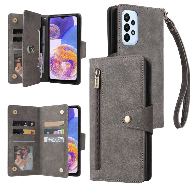 Grey three-fold leather phone case with card slots, zipper pocket, and wrist strap