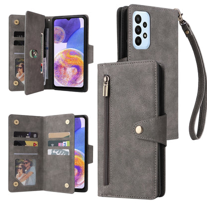 Grey three-fold leather phone case with card slots, zipper pocket, and wrist strap