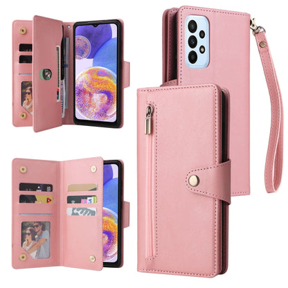 Pink three-fold leather phone case with three card slots, buckle closure, wrist strap