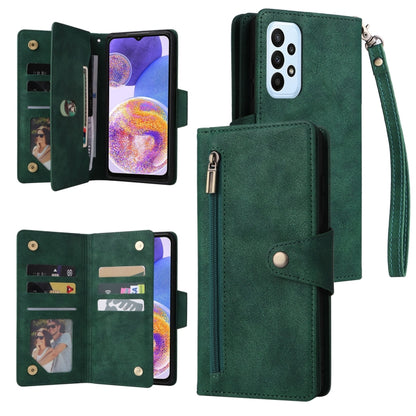 Green three-fold leather phone case with three card slots and wrist strap