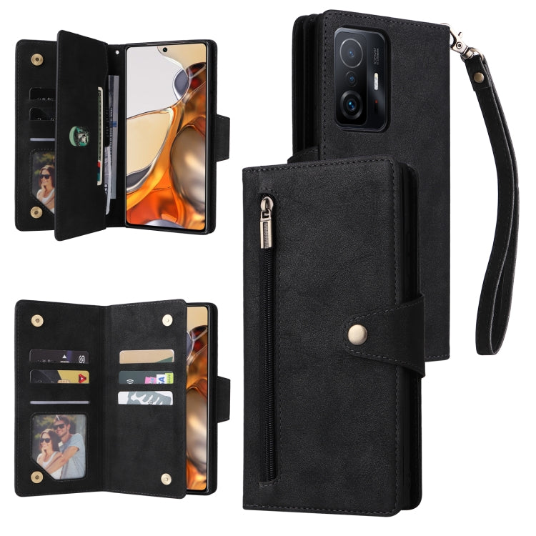 Black three-fold leather phone case with card slots and wrist strap