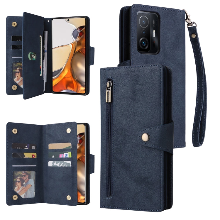 Black three-fold leather phone case with card slots, open front, and wrist strap