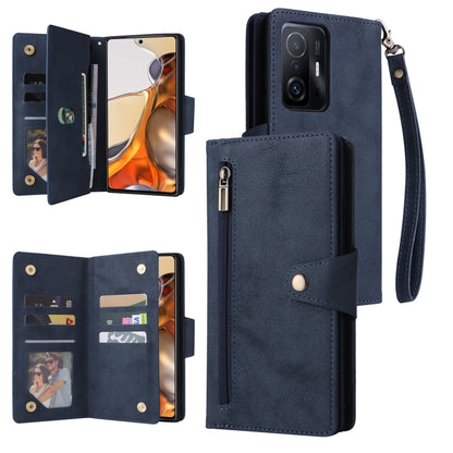Black three-fold leather phone case with card slots, open front, and wrist strap