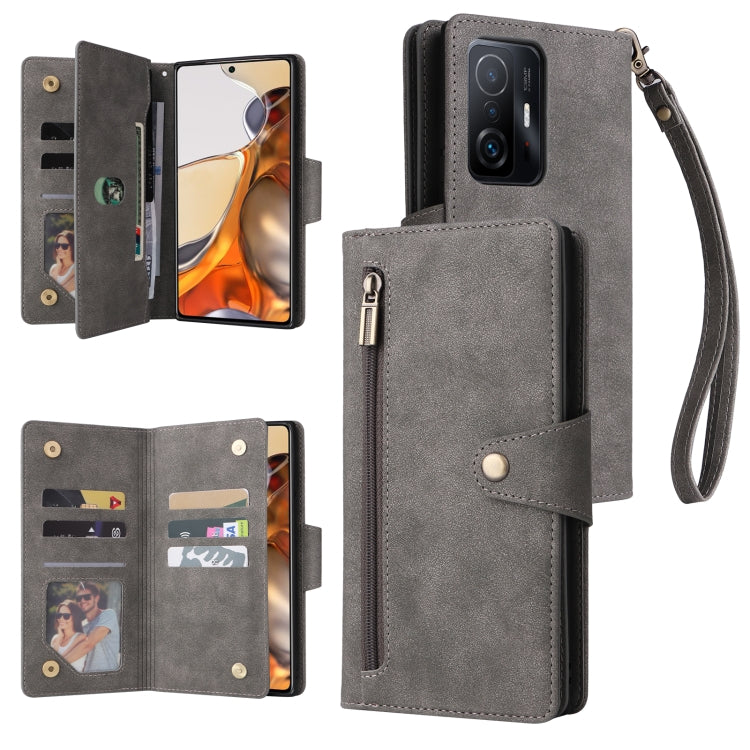 Grey three-fold leather phone case with three card slots and wrist strap