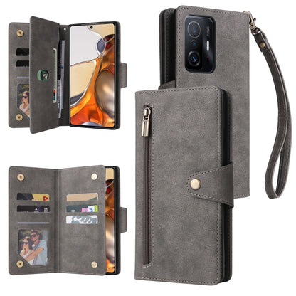 Grey three-fold leather phone case with three card slots and wrist strap