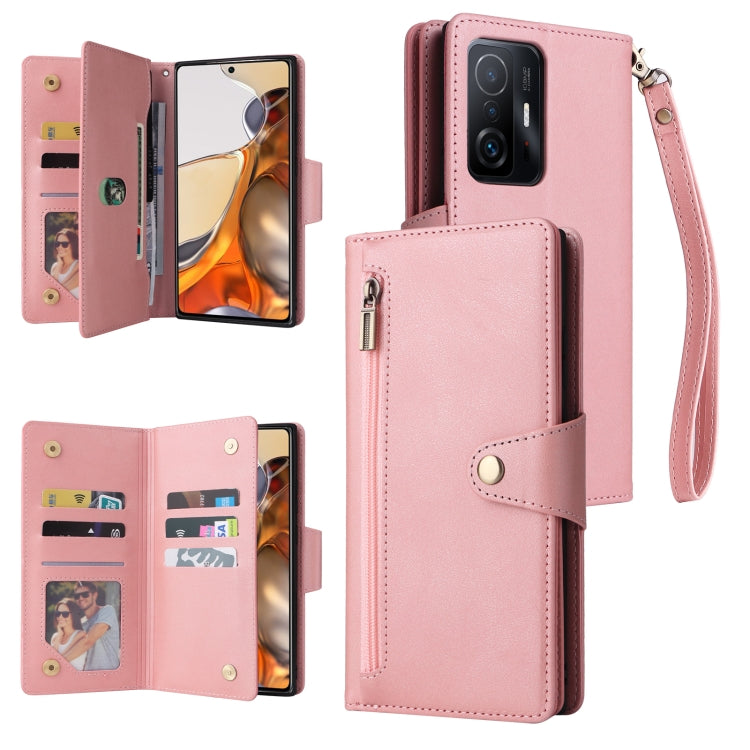 Light rose pink three-fold leather phone case with three card slots and wrist strap