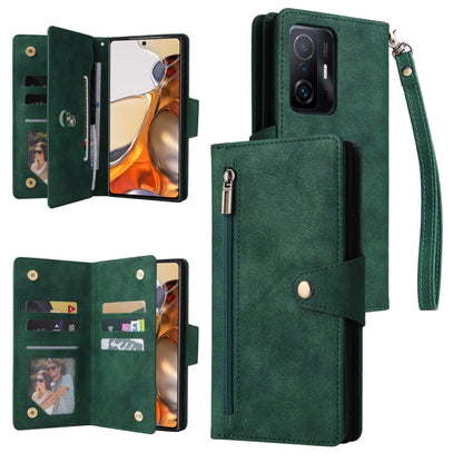 Green leather three-fold phone case with wrist strap, snap closure, and 9 card slots
