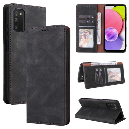 Black leather flip phone case with card slots and suction-style closure, shown closed and open
