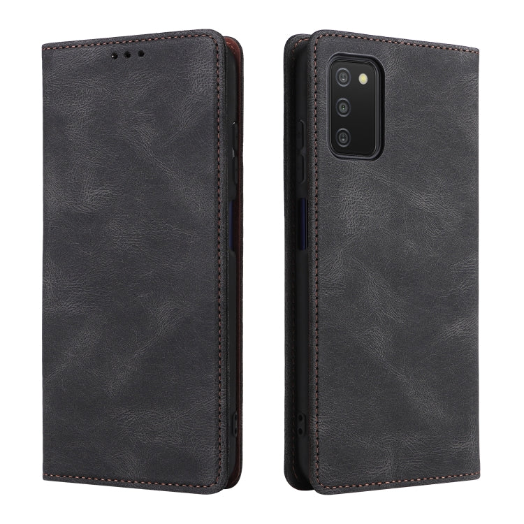 Black leather phone case with flip cover and stitched edges, front and back views